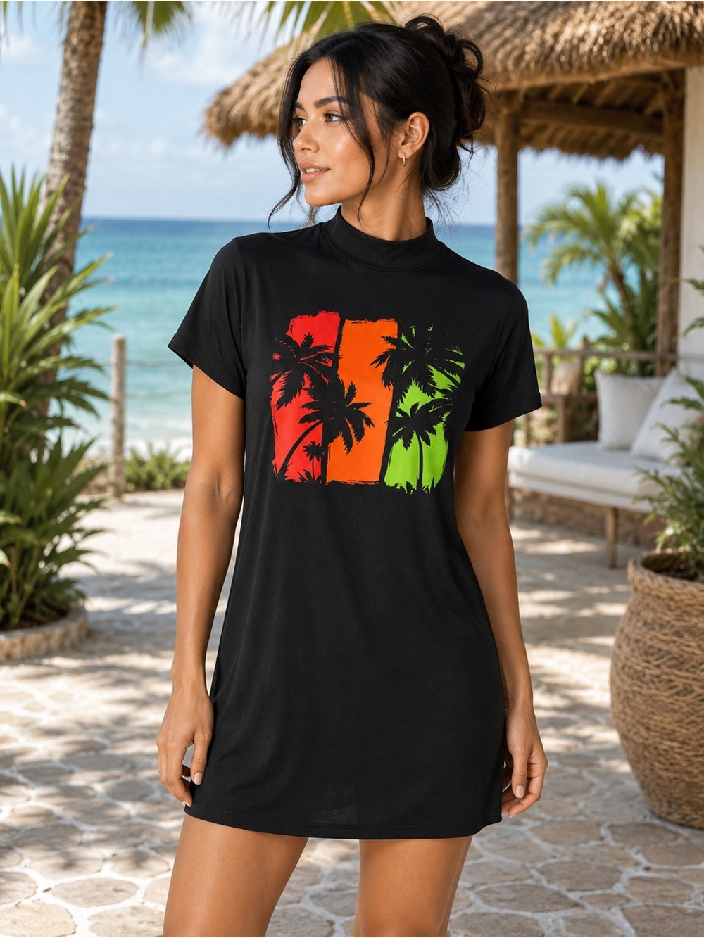 Women’s Tropical Palm Tree Swim Cover-Up Dress Size Medium-Black Beach Cover-Up